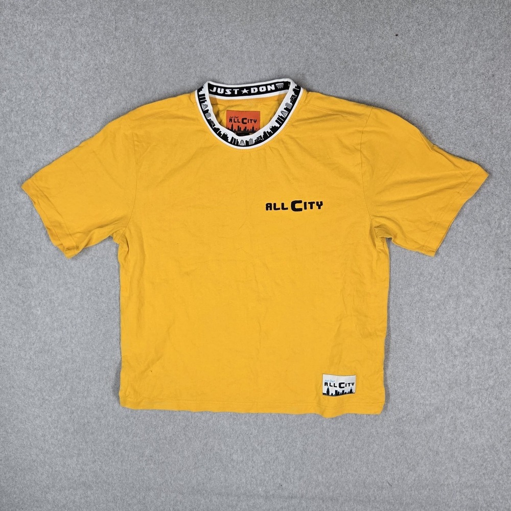 Just Don Men Shirt L Yellow All City Skyline Logo Graphic Print Short Sleeve